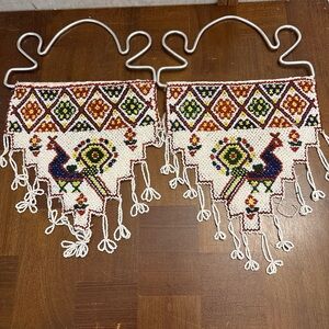 Set Of 2 Hand Made Beads Indian Folk Art Peacock Figure Wall Hanging Panel